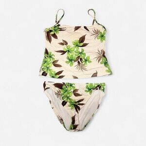 Vintage Tankini Bikini Set Green Floral Kawaii Size 14 / Large